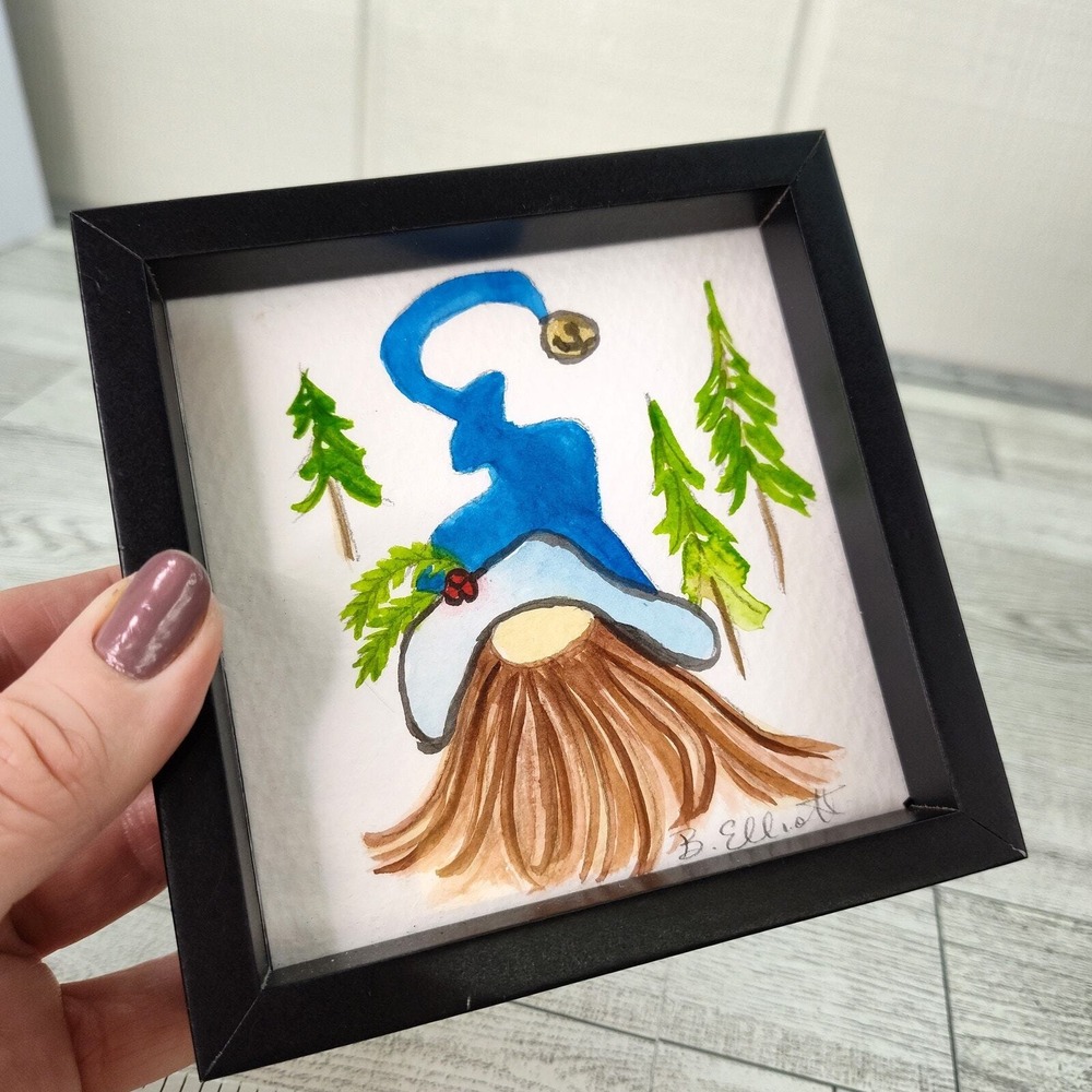 Bearded Gnome Holiday Watercolor Art Framed 4.5"‎ Square Decor Cottagecore